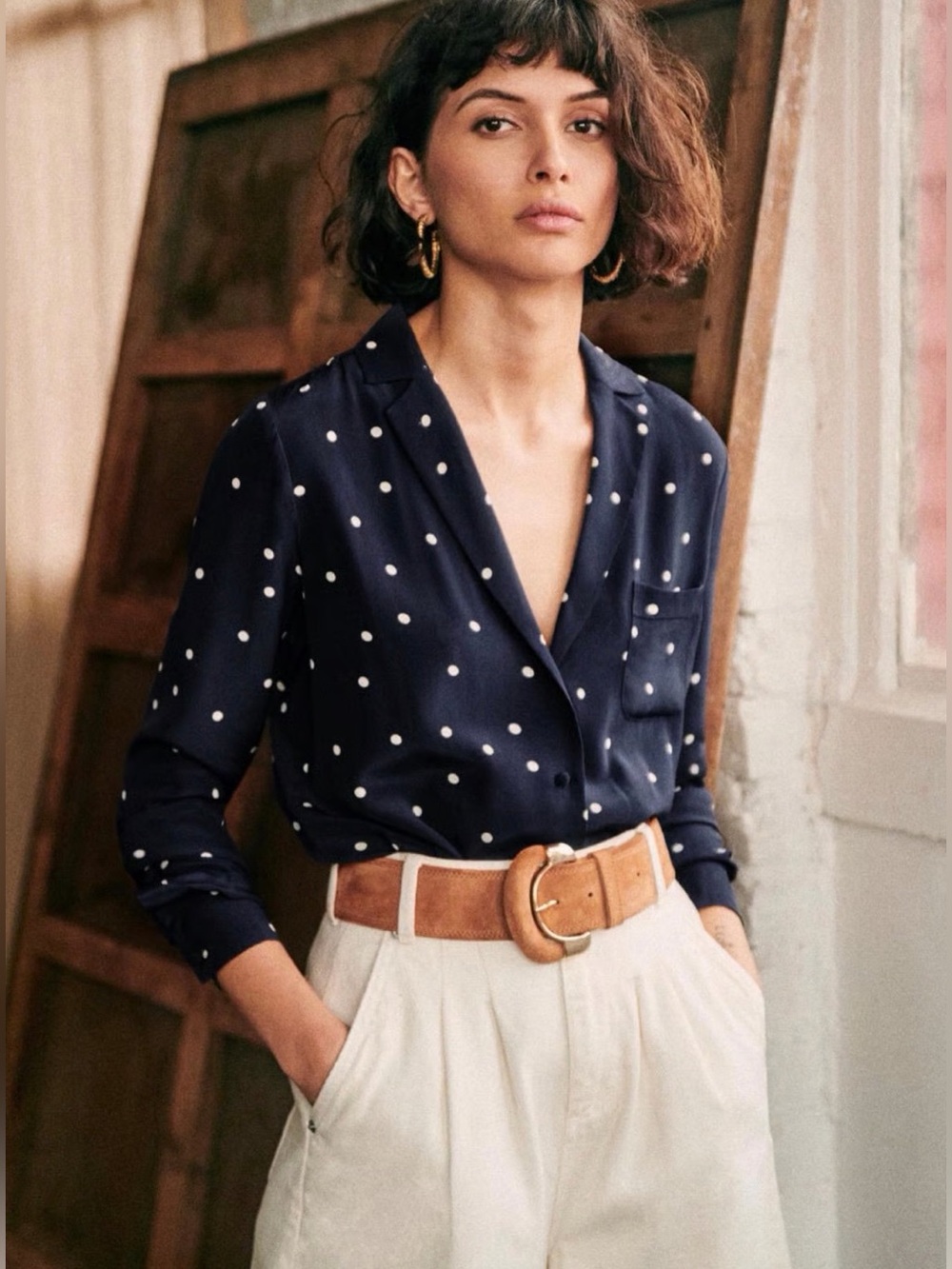 Sézane Florence Silk Shirt in Ecru Dots Navy Background FR 34 / US 2